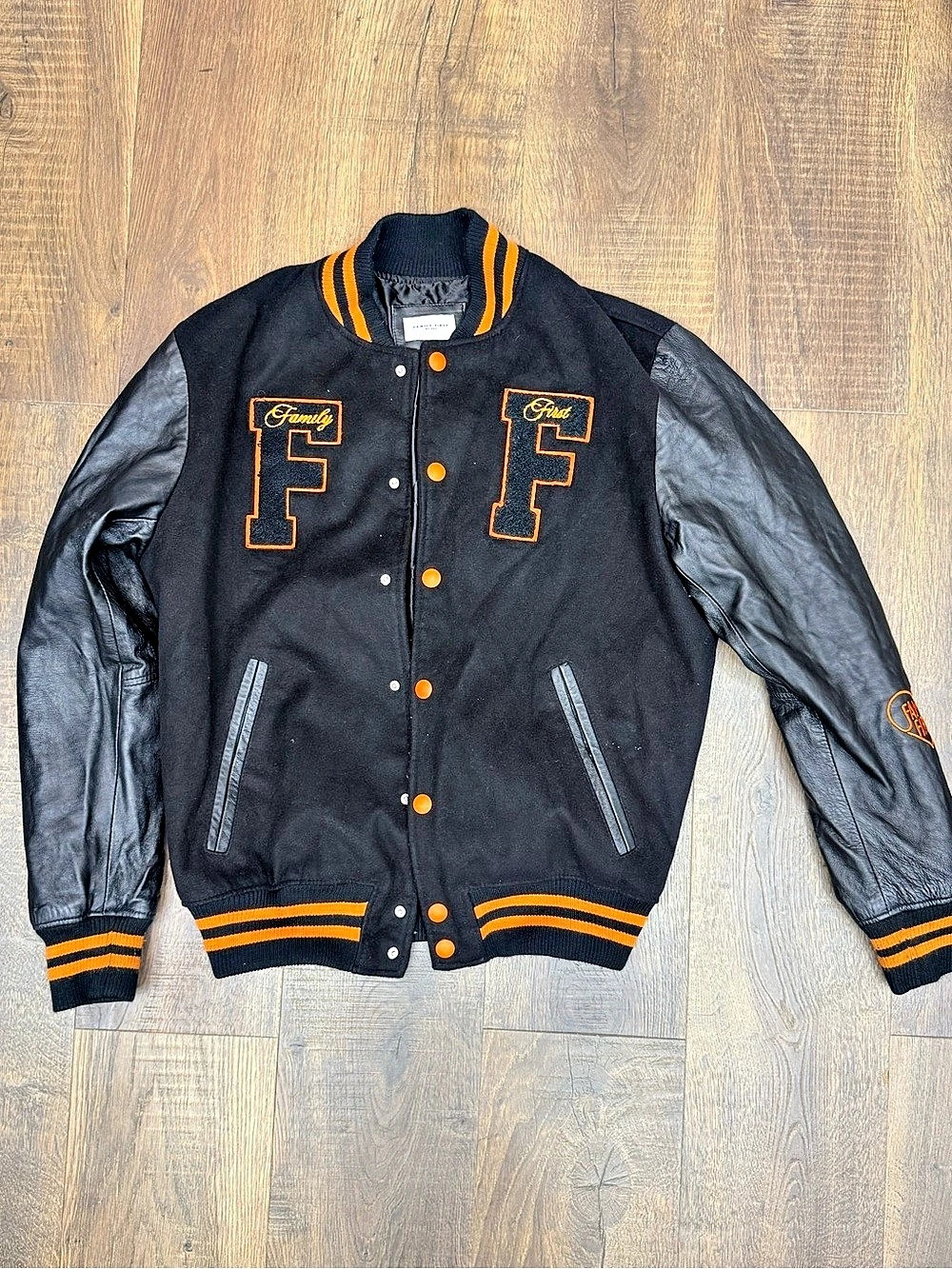 Family First Milano Logo-Patch Panelled Varsity Jacket Black & Orange